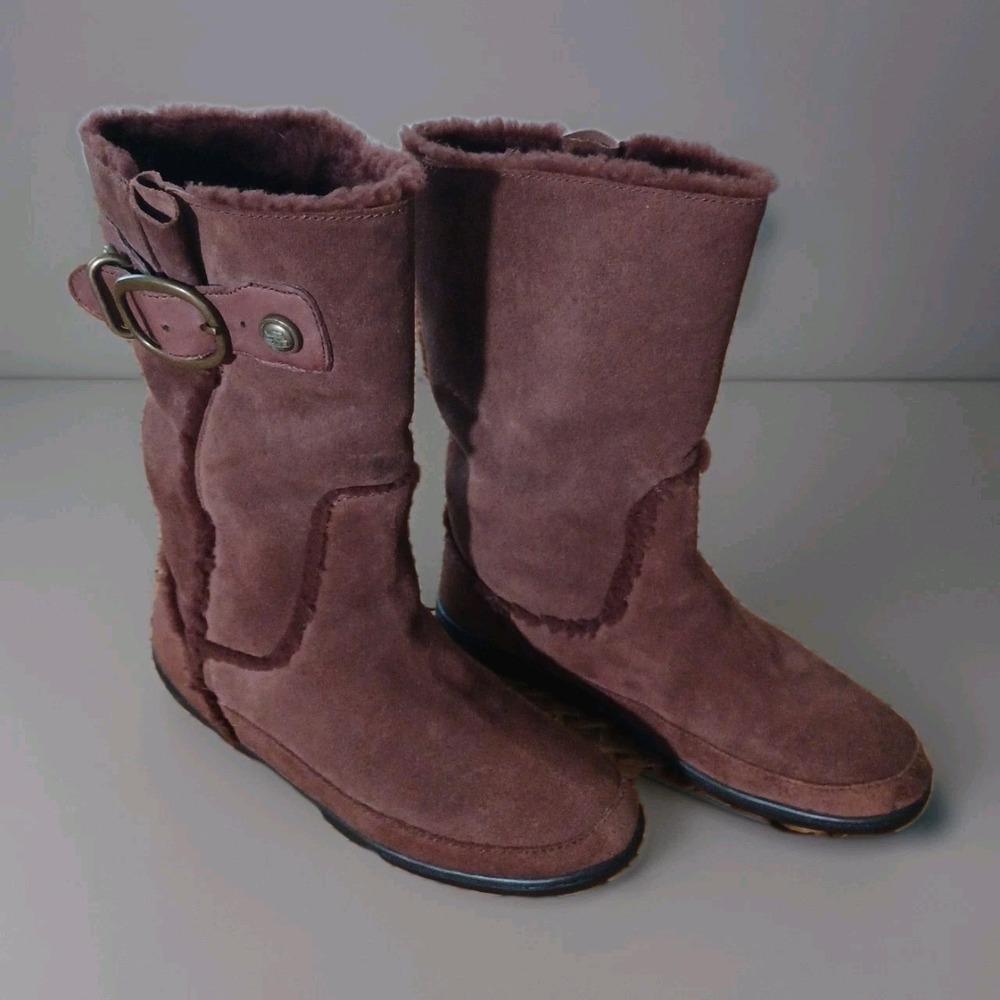 Coach Misha Mahogany Brown Suede Faux Fur Buckle Mid-Calf Boots F2376 Womens 7.5